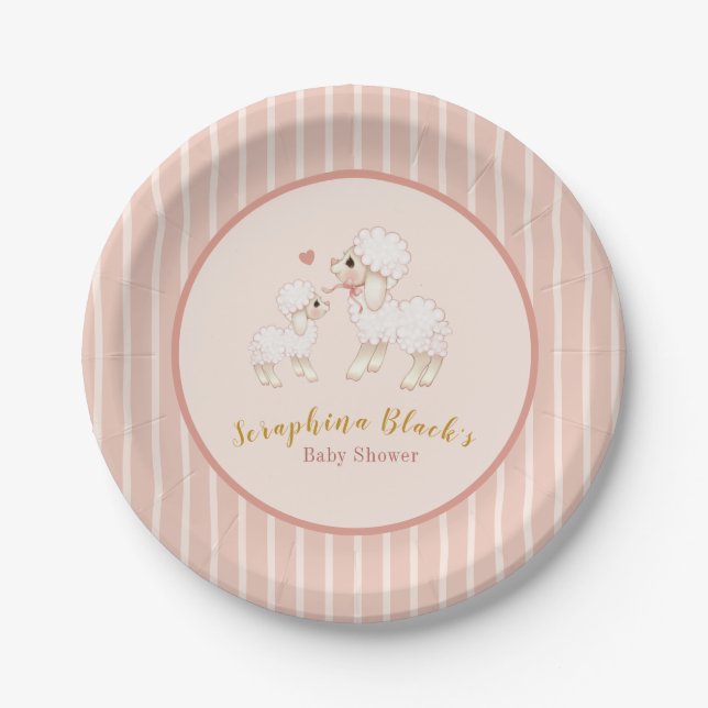 Girly Pink Lamb Baby Shower Paper Plate (Front)