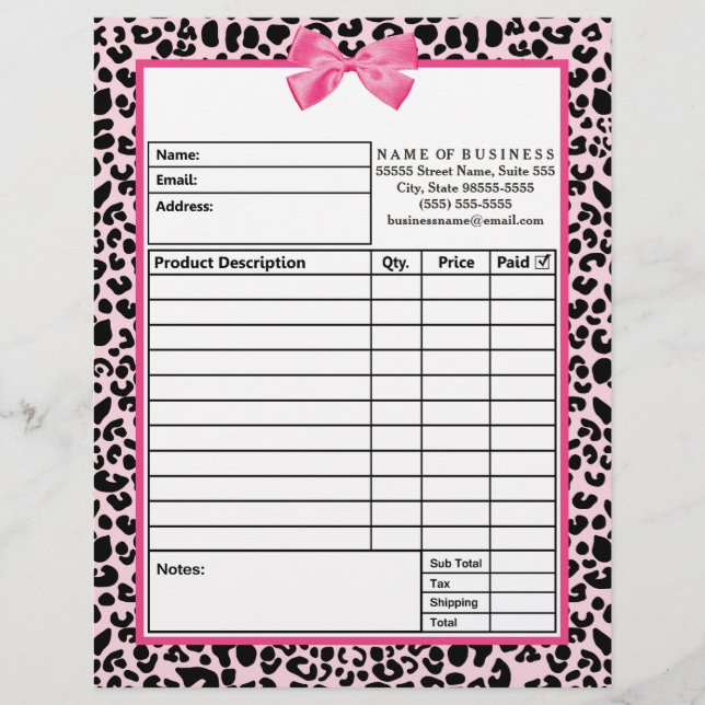 Girly Pink Leopard Print Bow Boutique Order Forms Personalized Letterhead (Front)