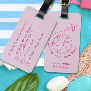 Girly Pink Let the adventure begin plane line art Luggage Tag