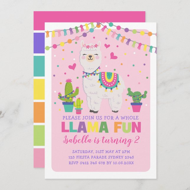 Girly Pink Llama Birthday Party Whole Llama Fun Invitation (Front/Back)
