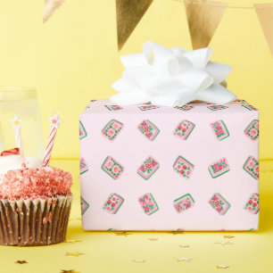 Girly Pink Mahjong Floral tiles Wrapping Paper