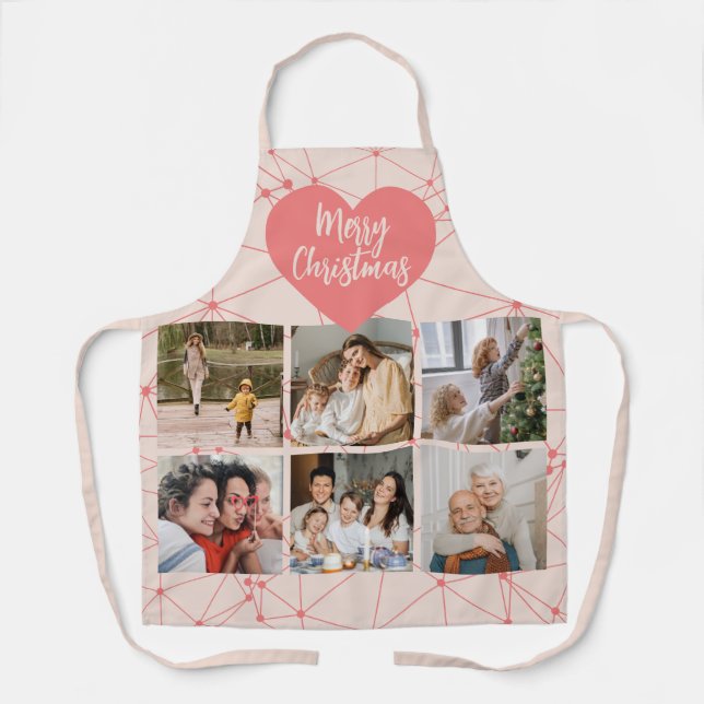Girly Pink Merry Christmas Family Photo Collage Apron (Front)