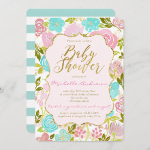 Girly Pink Mint Gold Baby Shower Invitation