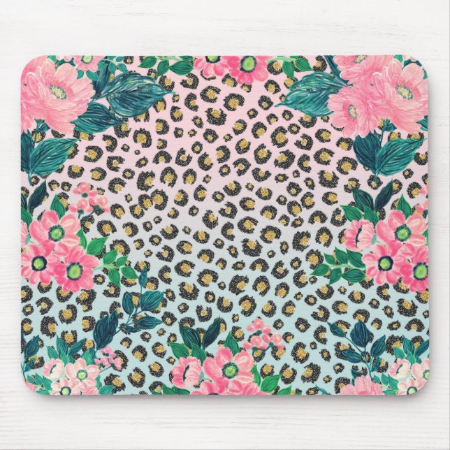 Girly Pink Mint Ombre Floral Glitter Leopard Print Mouse Pad (Front)