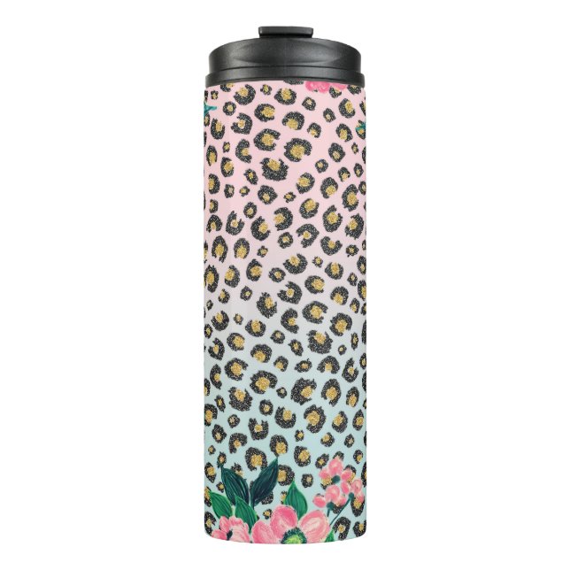Girly Pink Mint Ombre Floral Glitter Leopard Print Thermal Tumbler (Front)