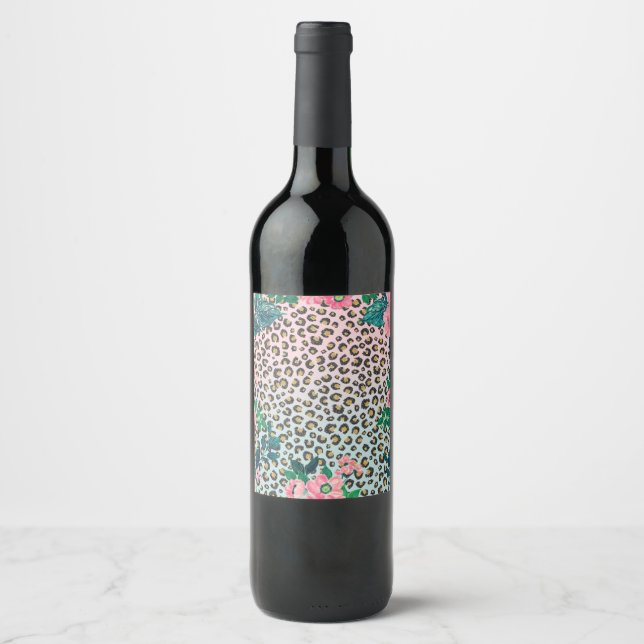 Girly Pink Mint Ombre Floral Glitter Leopard Print Wine Label (Front)