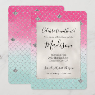 Girly Pink Mint Silver Glitter Mermaid Invitation