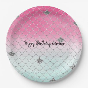 Girly Pink Mint Silver Glitter Mermaid Paper Plate