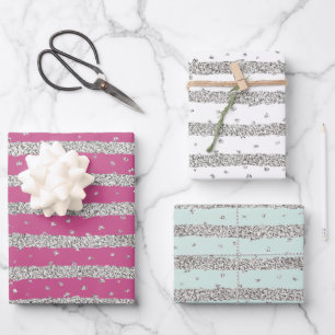 Girly Pink Mint Silver Sparkly Confetti Stripes Wrapping Paper Sheet