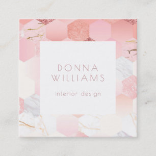 Girly pink modern geometric marble pattern square business card