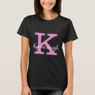 Girly Pink Monogram and White Script Name Dark T-Shirt
