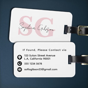 Girly Pink Monogram Initials and Black Script Name Luggage Tag