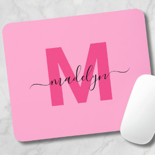 Girly Pink Monogram Script Name Mouse Pad