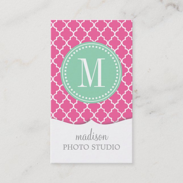 Girly Pink Moroccan Tiles Lattice Personalised Business Card (Front)