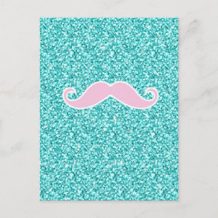GIRLY PINK MUSTACHE ON TEAL GLITTER EFFECT POSTCARD
