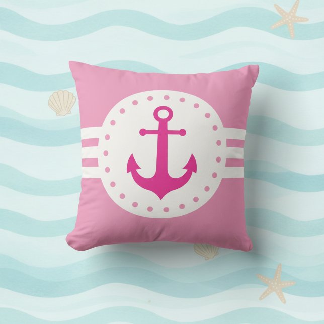 Girly Pink Nautical Anchor Throw Pillow (Girly pink and white nautical anchor throw pillow.)
