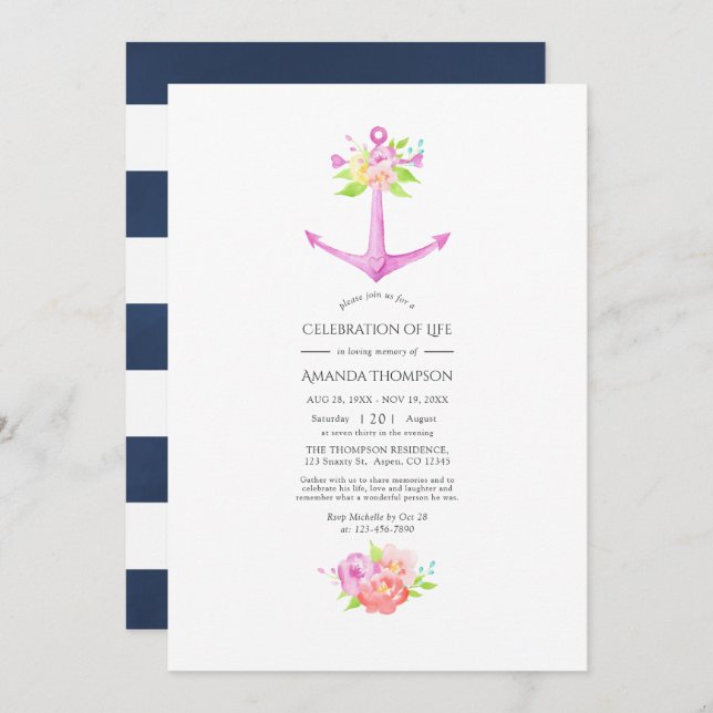 Girly Pink Nautical Floral Celebration of Life Invitation (Front/Back)