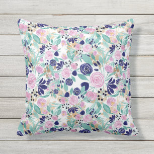 Girly Pink Navy Blue Gold Watercolor Flowers Cushion