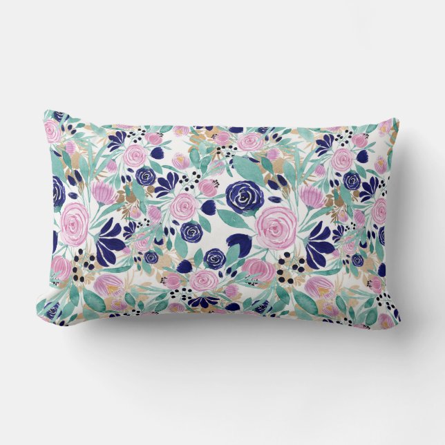 Girly Pink Navy Blue Gold Watercolor Flowers Lumbar Cushion (Front)