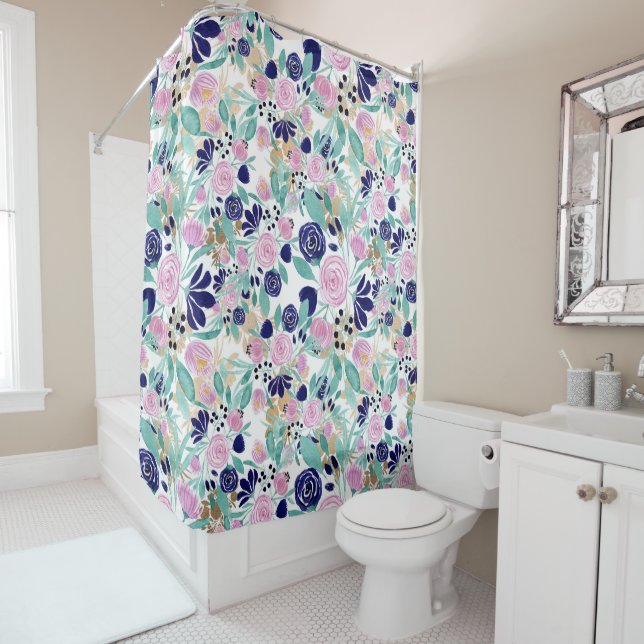 Girly Pink Navy Blue Gold Watercolor Flowers Shower Curtain (In Situ)