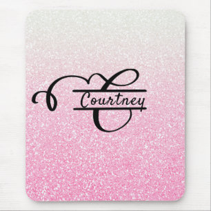 Girly Pink Ombre Glitter Letter C Split Monogram Mouse Pad