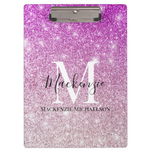Girly Pink Ombre Glitter Monogram Name Clipboard