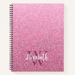 Girly Pink Ombre Glitter Monogram Notebook