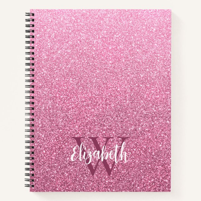 Girly Pink Ombre Glitter Monogram Notebook (Front)