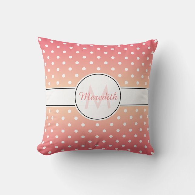 Girly Pink Ombre Monogram Polka Dot Cushion (Front)