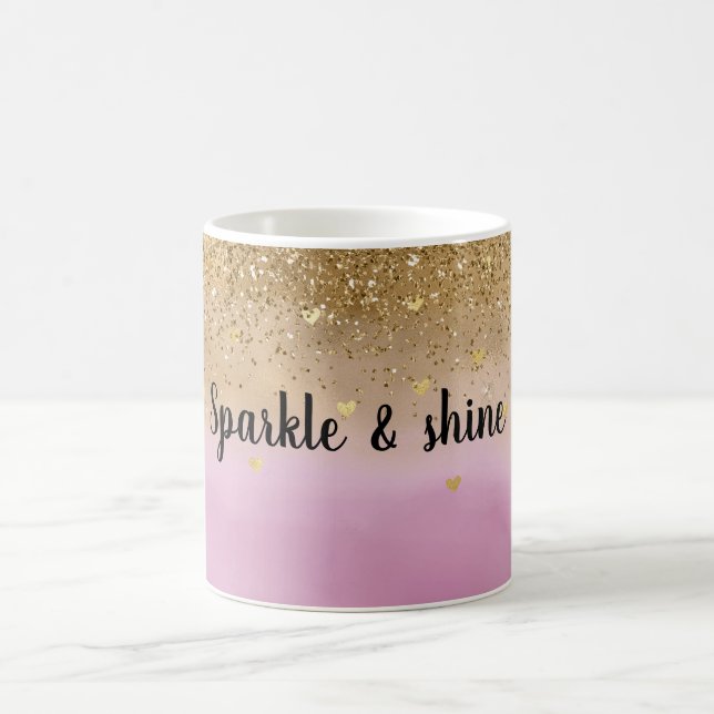 Girly Pink Ombre Watercolor Gold Glitter Hearts Coffee Mug (Center)