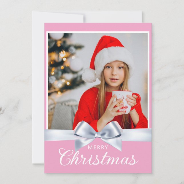 Girly Pink One Photo Merry Christmas Greeting Holiday Card (Front)