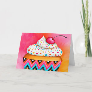 Girly Pink Orange Cupcake Painting Happy Birthday Card