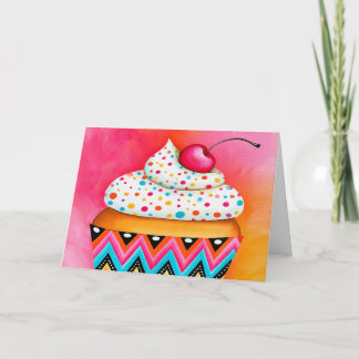 Girly Pink Orange Cupcake Painting Happy Birthday Card