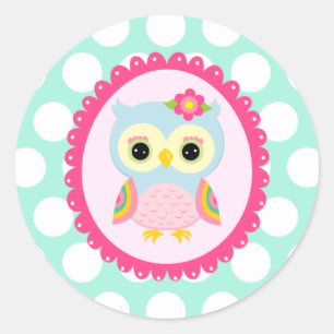 Girly Pink Owl Flower & Rainbow Aqua Polka Dots Classic Round Sticker