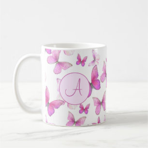 Girly Pink Pastel Butterflies Custom Monogrammed Coffee Mug