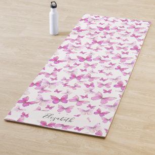 Girly Pink Pastel Butterflies Custom Name Yoga Mat