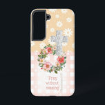 Girly Pink Peach Floral Rose Faith Cross Samsung Galaxy Case<br><div class="desc">Set on a pastel peach and pink background, this girly faith design flows with gentle white waves and scattered floral accents. At its heart rests a wreath of roses in shades of soft peach and pink, crowned by a delicate white floral cross in the upper right corner. Beneath, a translucent...</div>