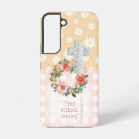 Girly Pink Peach Floral Rose Faith Cross