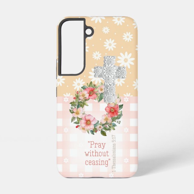Girly Pink Peach Floral Rose Faith Cross Samsung Galaxy S22 Case (Back)