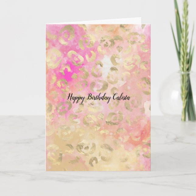 Girly Pink Peach Glam Gold Leopard Print Card (Front)