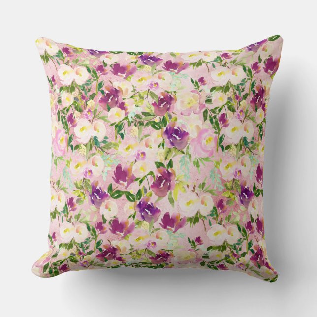 Girly Pink Peach Purple Burgundy Watercolor Floral Cushion (Front)