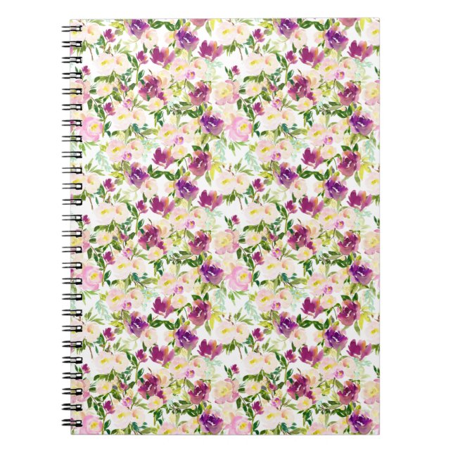 Girly Pink Peach Purple Burgundy Watercolor Floral Notebook (Front)