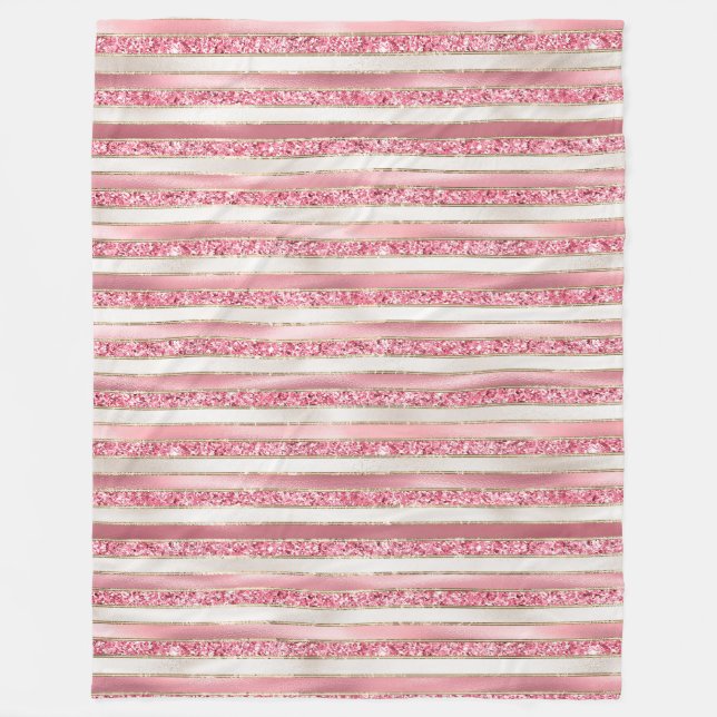 Girly Pink Pearl Glitter Stripes Fleece Blanket (Front)