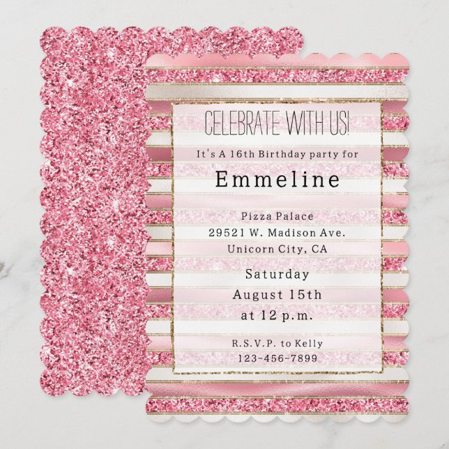 Girly Pink Pearl Glitter Stripes Invitation (Front/Back)