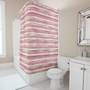 Girly Pink Pearl Glitter Stripes Shower Curtain