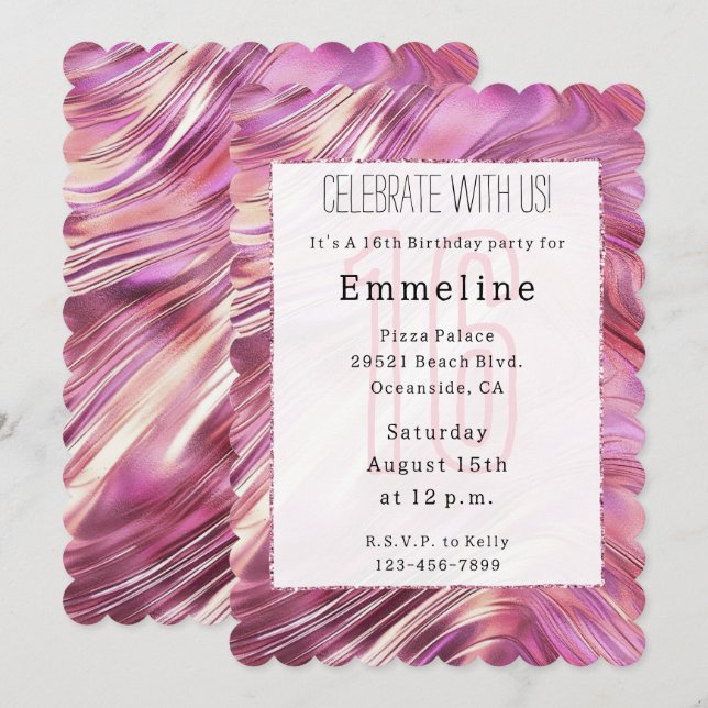 Girly Pink Pearl Rose Gold Glam Sweet 16 Invitation (Front/Back)