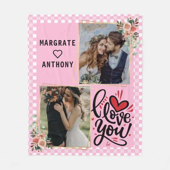 Girly Pink Personalised Couple Photo and Names   Fleece Blanket (Front)