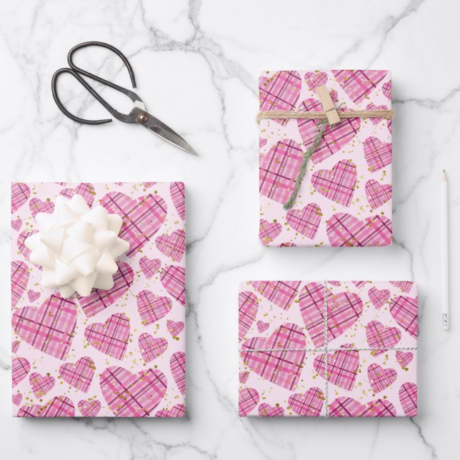 Girly Pink Plaid Hearts Gold Glitter Polka Dots Wrapping Paper Sheet (Front)