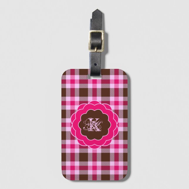 Girly Pink Plaid Monogram Luggage Tag (Front Vertical)