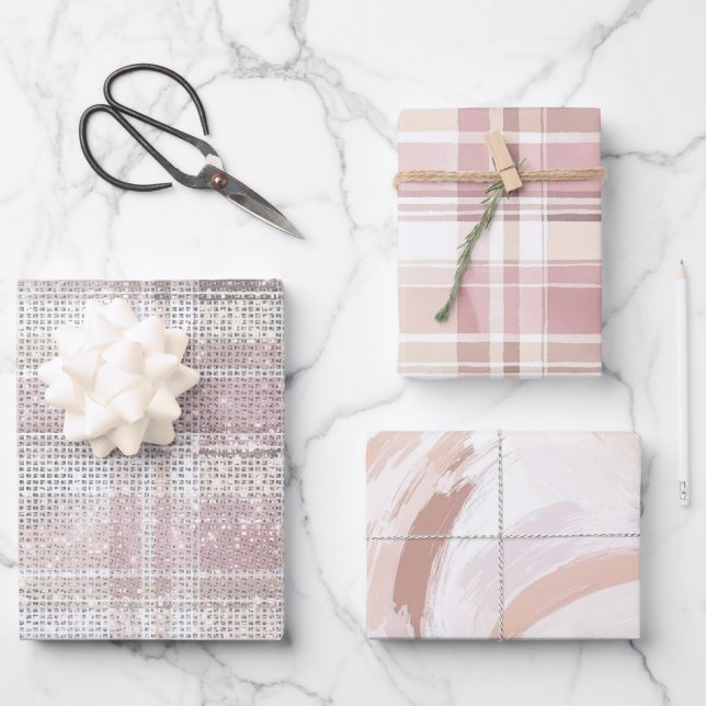 Girly Pink Plaid Stripes Sparkle Wrapping Paper Sheet (Front)